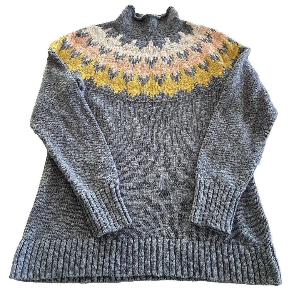 L.L. Bean Fair Isle Yoke Turtleneck Sweater Heather Blue Ladies Small-Reg